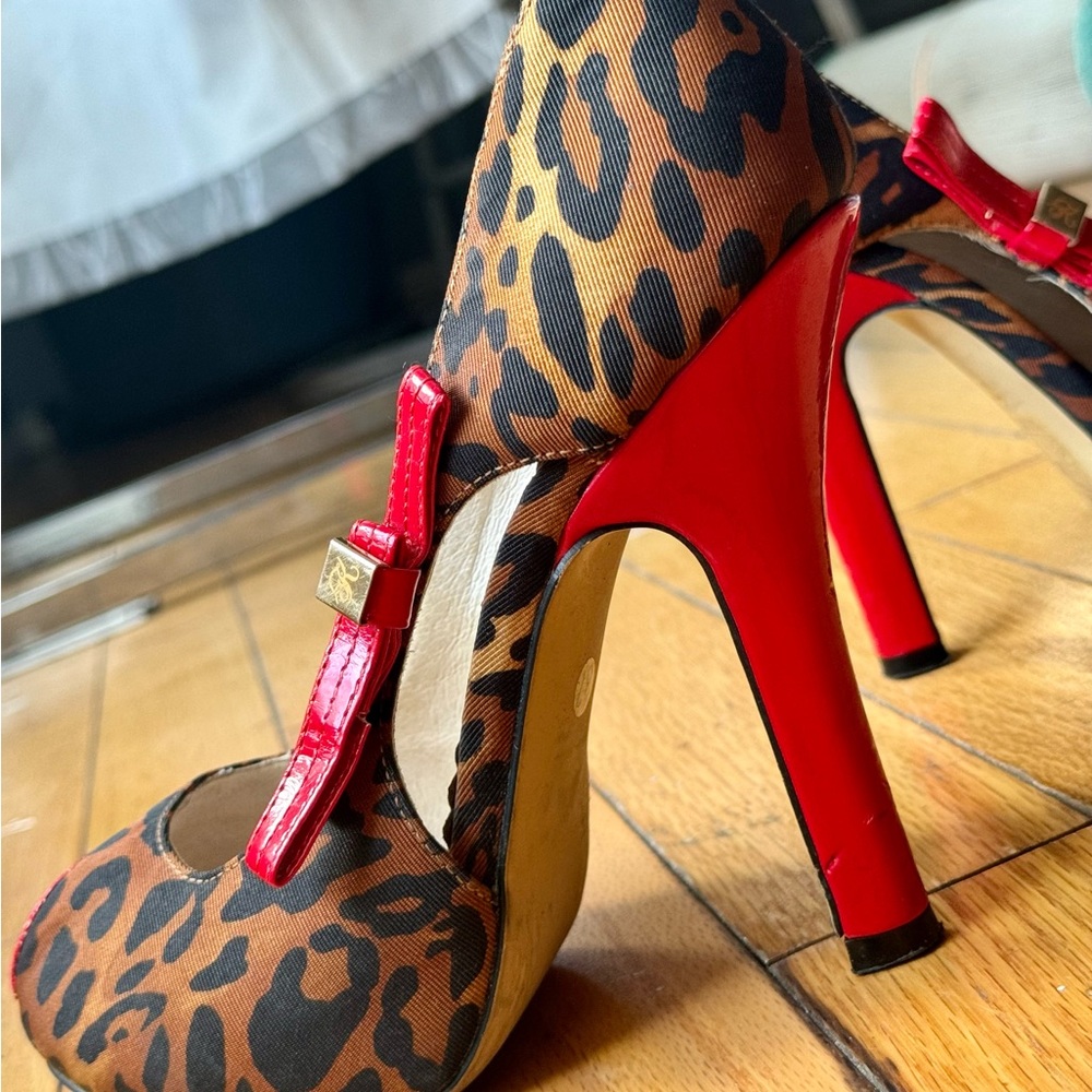 “Killah” Miss Sixty Leopard Print Peep Toe Heels with Red Accents